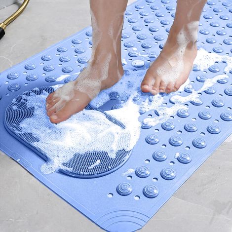 Tapis de bain antidérapant à ventouses, tapis de douche 68,5 x 35,5 cm avec trous d'évacuation et brosse de massage pour les pieds, lavable en machine, bleu clair (1/5)