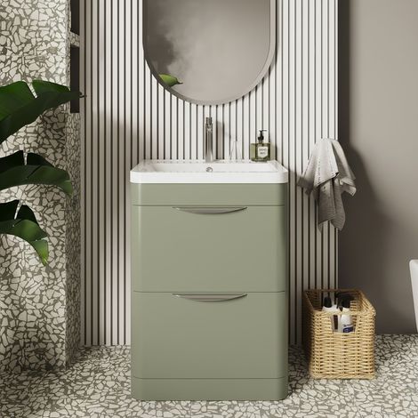 Nuie Parade Satin Green 600mm 2 Drawer Vanity Unit and Polymarble Basin - FPA801 (1/5)