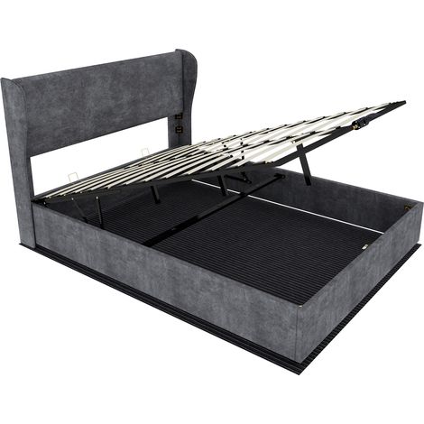 Letto contenitore capitonné grigio 160 x 200 cm con testiera imbottita e sollevamento a gas HOMVRA (1/5)