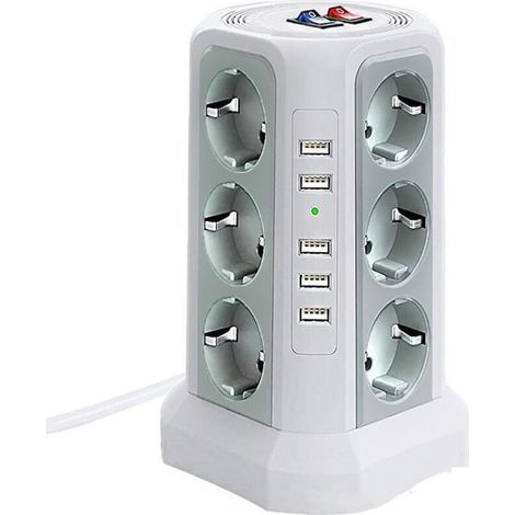 Multipresa a torre con protezione da sovratensioni e sbalzi di tensione, 5 porte USB e 12 prese, con 3 interruttori, colore bianco (1/3)