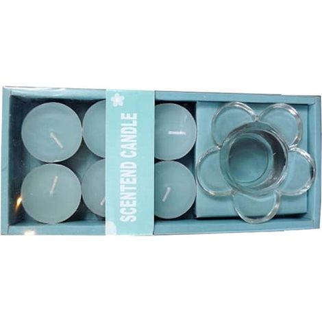 Juego de velas pequeñas azules: 6 velas y un portavelas de cristal con forma de flor.