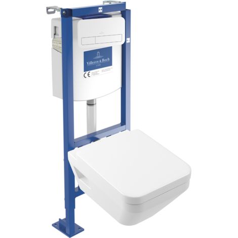 Pack inodoro suspendido sin reborde Villeroy & Boch Architectura TwistFlush [e³] redondo + bastidor de instalación suelo y pared + placa blanca