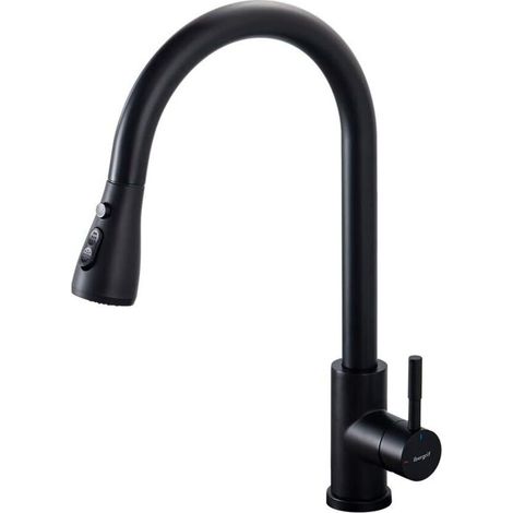 Robinet Cuisine Douchette Extractible Pivotant 360° – Mitigeur Cuisine Évier Arc Élevé en Acier Inoxydable, Robinet Flexible avec 3 Modes Jet, Tête Pulvérisation Extractible (NOIR MAT) (1/5)
