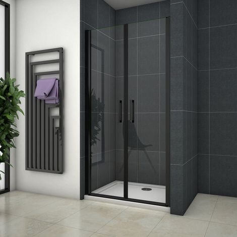 Ocean Sanitaire – Porte de douche battante noire 80x200cm – Verre de sécurité 8mm anti-calcaire – Profil noir mat – Montage réversible gauche/droite