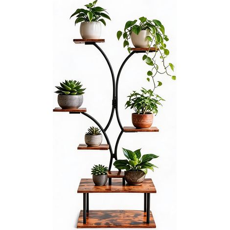 Support pour Plantes d'Intérieur 7 Niveaux - Étagère Métallique et Bois Incurvée pour Salon, Balcon et Terrasse - 154 x 70 x 36 cm (1/5)