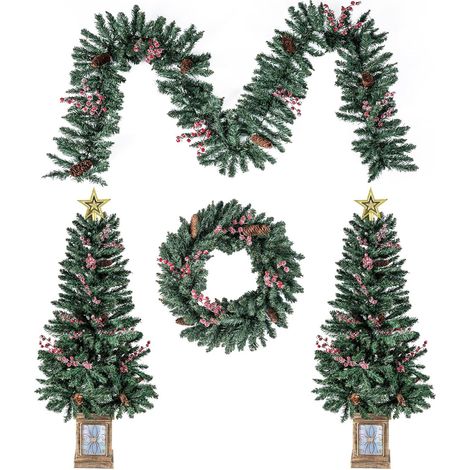 COSTWAY Set di 2 Alberi di Natale in Vaso con Ghirlanda, Corona, Pigne Naturali, Bacche Rosse Ghiacciate e Stella in Cima, Decorazione Natalizie per Camino, Ingresso, Festa (1/5)