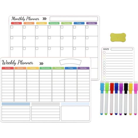 Planner Magnetique - Tableau Blanc Magnetique A4 - Semaine Mois Jour - Pour Cuisine Bureau Gym - 3 Pièces Avec 8 Stylos Et 1 Gomme (1/5)