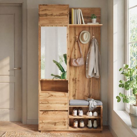 Guardaroba da ingresso con specchio, panca e vani portaoggetti, MDF naturale HAVRYA (1/5)