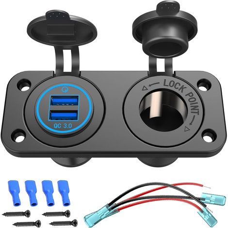 QC 3.0 USB sortie 12V bateau marine imperméable briquet de cigarette Splitter de prise 12 volts DC adaptateur de chargeur d'alimentation Kit bricolage avec bleu LED deux ports USB (1/5)