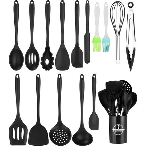 Ustensiles de Cuisine en Silicone,15 PCS Set Noir d'accessoires de Cuisine,Sans BPA, Antiadhésive Anti Rayures Cuisine Accessoires,Set de Cuisson Avec Pot de Rangement (1/5)