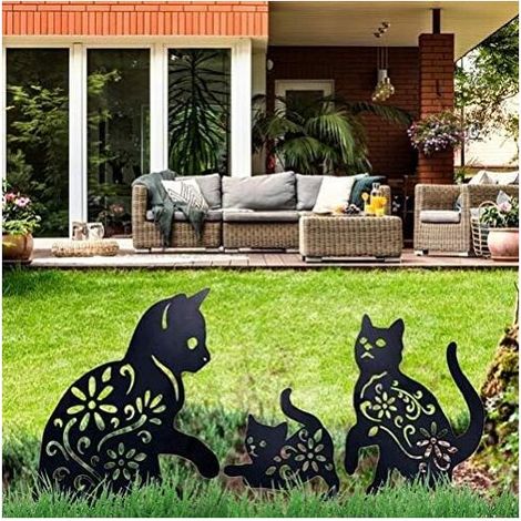 Cat Yard Art Garden Metal Statues Decor, 3PCS Cat Hollow Out Silhouette Animal Shape Stake Decorations, Black (1/5)