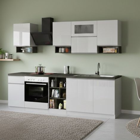 Dmora - Cucina completa Attiko, Set con dispensa, Mobile per cucinotto, Kit blocco lineare, 100% Made in Italy, 255x60h85 cm, Bianco lucido e Ardesia