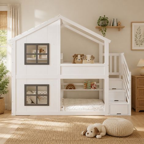 Etagenbett 90x200 cm weiß-grau aus Kiefer und MDF mit Fenstern, Dach und Treppenstauraum (1/5)