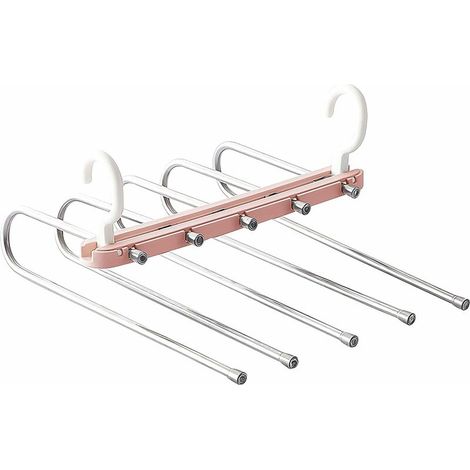 royaluxe - Cintres De Pantalon Gain De Place, Porte-Pantalons 5 en 1 Rétractable Non Marquant, Support De Rangement Suspendu pour Pantalons Multicouches pour Vêtements, Serviettes, Foulards (Rose) (1/5)