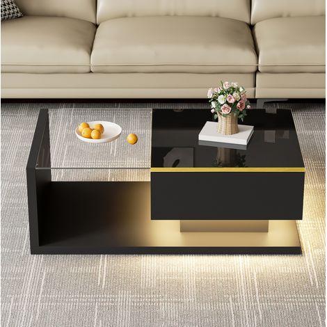 Tavolino da caffè 90x50x32.5 cm nero in pannelli di particelle con vetro temperato e LED dimmerabile (1/5)