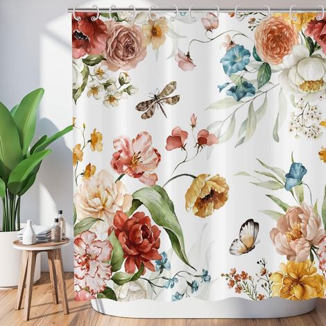 Rideau de douche, 180 x 200 cm, motif plantes à fleurs colorées avec papillon, libellule, fleurs sauvages, tissu floral, rideau de salle de bain, décoration d'intérieur, imperméable, lavable (1/5)