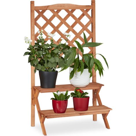 Relaxdays Blumentreppe mit Rankgitter, 2 Stufen, für Blumentöpfe & Kletterpflanzen, Tannenholz, HBT: 110x61x40cm, natur
