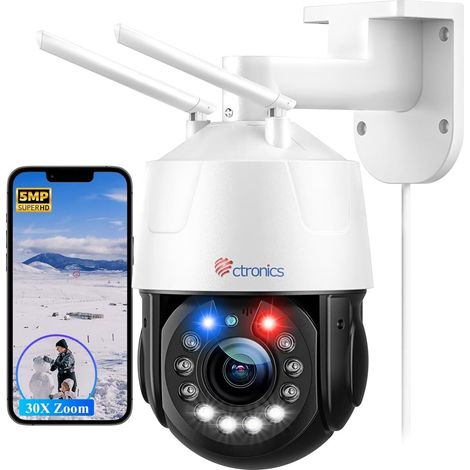 Ctronics Caméra Surveillance 5MP 30X Zoom Optique Métal WiFi 5/2.4Ghz, PTZ Extérieure 150M Vision de Nuit Couleur, Auto Cruise & Zoom,Alarme sonore et Lumineuse,Blanc (1/5)