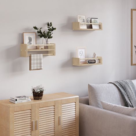 WOLTU 3er Set Kinder Wandregal, Bücherregal Wand Kinderzimmer, 40 cm Hängeregal Schweberegal Kinderregal, aus Massivholz, Montessori Regal, für Bücher Spielzeug, Natur Holzfarbe