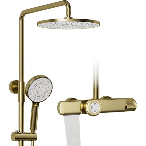 Colonne de douche,Or brossé Colonne de douche thermostatique,Ensemble de colonne de douche 3 en 1 avec grande pomme de Douche à effet pluie de 260 x 260 mm,Douche à effet pluie avec accessoires (1/5)