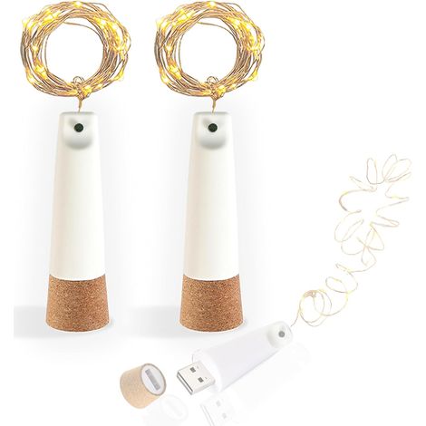 Luci a LED ricaricabili tramite USB per tappi di bottiglia, 2 m, 20 LED, 8 modalità, filo di rame, decorazioni natalizie fai da te, feste, esterni, barattoli (bianco caldo, 2 pezzi) (1/5)