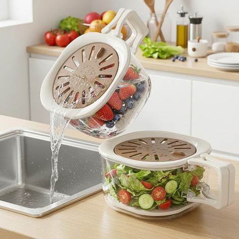 Lot de 2 récipients de rangement 2 en 1 pour fruits et légumes avec passoire, lave-fruits et passoire, bacs à fruits avec couvercle, panier d'égouttement et de conservation pour baies, fruits