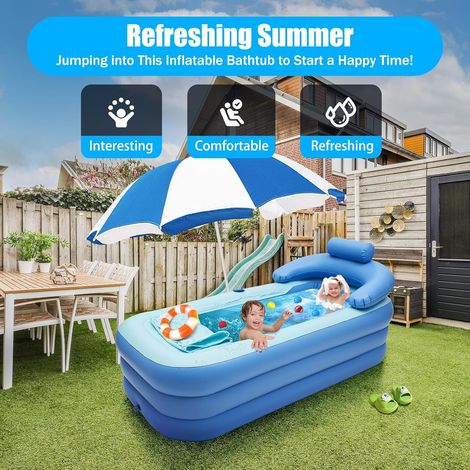 Baignoire pour adulte - En PVC - Pliable - Gonflable - Portable - Avec coussin et tuyau d'évacuation pour bain chaud et glace - Bleu (1/5)