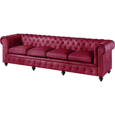 Massivmoebel24 – Canapé Chesterfield 4 places en cuir véritable bordeaux – Capitonnage losange – Rivets dorés – Pieds en bois arrondis (1/3)