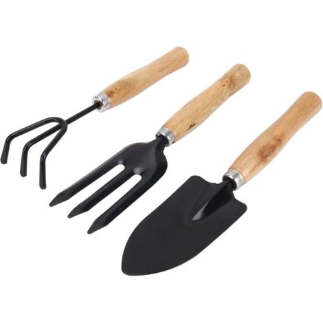 3PCS/Set Outils de Jardinage Miniature avec Manche en Bois pour Plantes en Pot - Pelle, Râteau, Fourche (1/5)