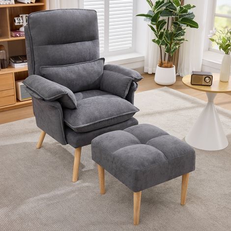Fauteuil relax 85x78,5x112 cm avec pouf, fauteuil inclinable 5 positions, coussins appui-tête et accoudoirs, assise rembourrée avec pieds en bois, gris (1/5)