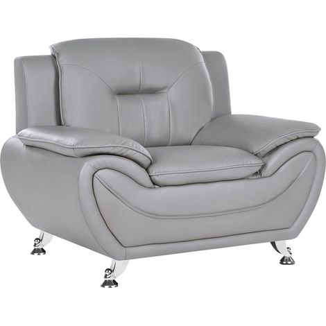 Fauteuil Moderne Glamour en Cuir Synthétique Vegan Pieds Argentés Meuble de Salon Gris Leira (1/5)