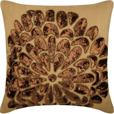 Funda de almohada de seda beige de 40 x 40 cm, estampado floral natural, adorno de lentejuelas, funda de almohada de estilo moderno - Rosa del Desierto