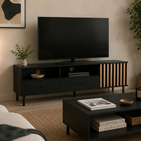 Meuble TV noir décor bois 1 porte 2 tiroirs NOREN (1/5)