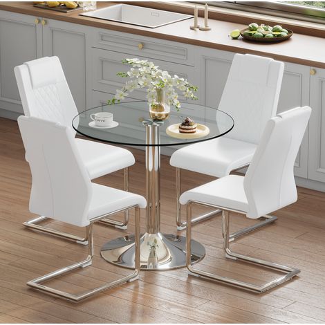 Esszimmer-Set aus Glas und Metall in Weiß/Silber, 4-Sitzer, modernes minimalistisches Design (1/5)