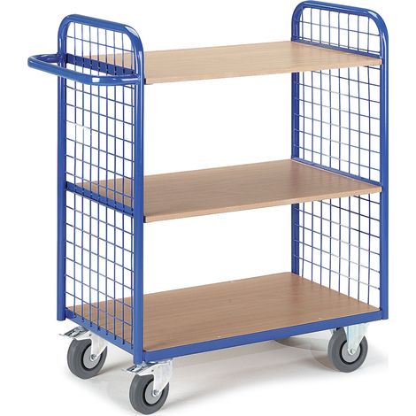 Rollcart Etagenwagen mit 2 Gitterwänden 1070mm hoch und 3 Ladeflächen 1000x500mm mit Gitter 50/50/4mm ohne Rand