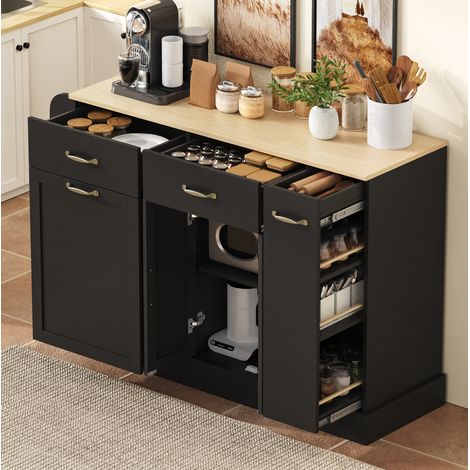 Buffet 133,5x40x86 cm noir en MDF avec rangements ouverts, niche poubelle et étagères pour cuisine et salle à manger (1/5)
