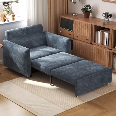 Fauteuil Convertible Moderne 3-en-1, Fauteuil-Lit Simple Extractible avec Éponge Haute Densité et Structure Robuste, Fauteuil Lounge en Velours Bleu-Gris (1/5)
