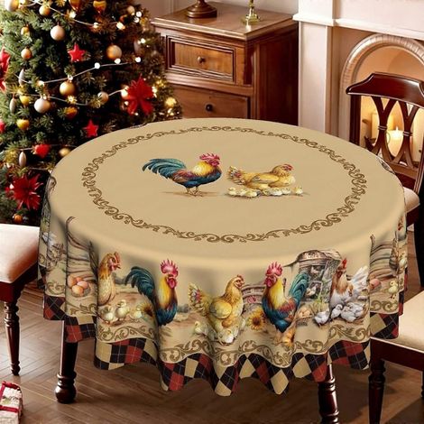 Nappe ronde beige à motif coq, nappe décorative champêtre pour la fête des récoltes, infroissable et lavable pour la cuisine (1/4)