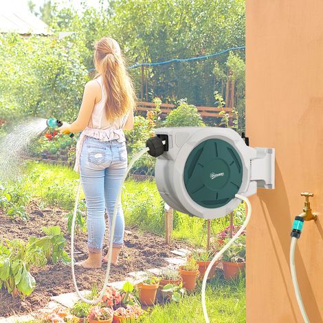 Wandmontierte Gartenschlauchtrommel 30 m x Ø 15 mm, automatischer Einzug, grau (1/5)