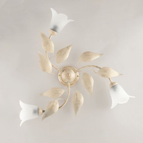 Lámpara de techo en hierro Ivory Gold tres luces Alabastro Blanco vidrios 67x h20 cm