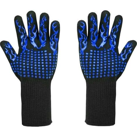 Gants de barbecue résistants à la chaleur jusqu'à 800 °C - Gants résistants aux coupures L5 - Gants de cuisine haut de gamme (1 paire noire + grande flamme bleue en silicone) (1/5)