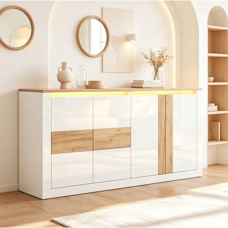Credenza 140/35/70 cm bianca e rovere con 4 ante, LED RGB e ripiani regolabili (1/5)