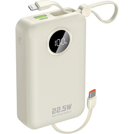 Batería externa K14+ de 20000 mAh y 22,5 W con puertos USB-C y USB-A, con cables Lightning y USB-C integrados para iPhone - Blanco (1/5)