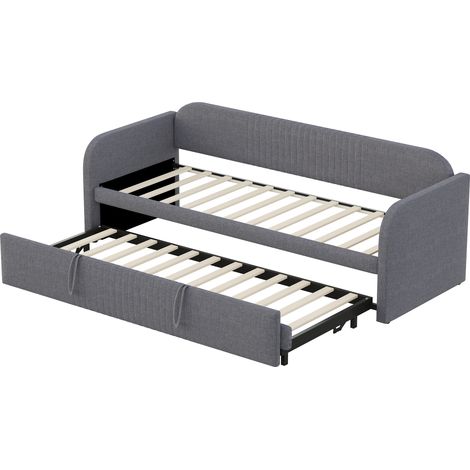 Canapé lit convertible 90/180x190 cm, rayures verticales, sommier à lattes, tissu lin gris – Sans matelas