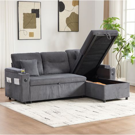 Divano letto 3 posti con chaise longue contenitore, USB-C, portabicchieri, grigio scuro DESVIAE (1/5)