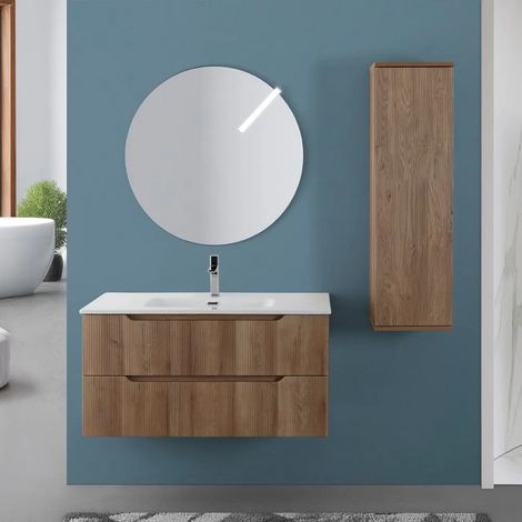 Mobile bagno sospeso 100 rovere cannettato doppi cassetto lavabo e specchio Wise (1/5)