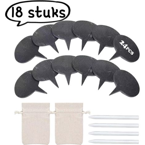 Ensemble de 18 pièces : supports à fromage, plateaux à fromage en ardoise naturelle, étiquettes ovales en ardoise pour fromage, 12 supports ovales, 4 épingles, 2 sacs en jute, noir. (1/5)