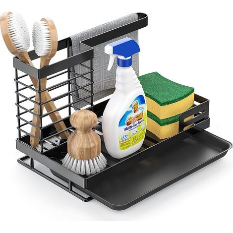 Porte Eponge Evier Cuisine, Rangement Évier Cuisine Support Brosse Éponge Organisateur avec Plateau Drainage, Stockage Liquide Vaisselle, éponge, Brosse Nettoyage, Torchons (Noir) 24x15x16.5c (1/5)