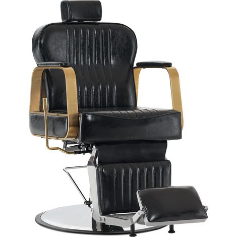 Barberpub Friseurstuhl Kippbar, Friseursessel mit Kopfstütze, 360° Drehbar & Höhenverstellbar, Friseureinrichtung Retro mit Hydraulikpumpe, Kunstleder, 9238(Schwarz)
