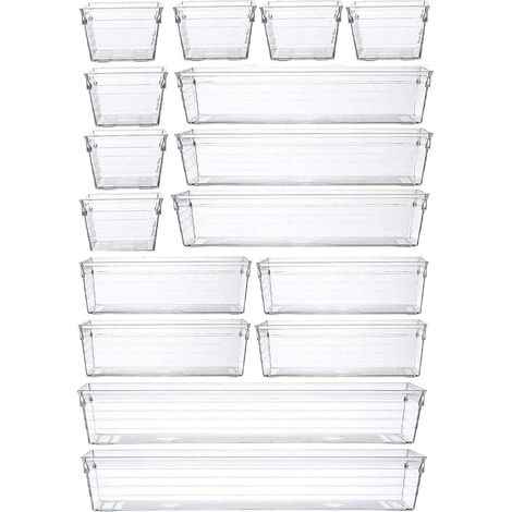 Lot de 16 plateaux rangement en plastique transparent pour tiroir cuisine, maquillage, chambre à coucher, bureau - 4 sizes of (pack 16) (1/5)